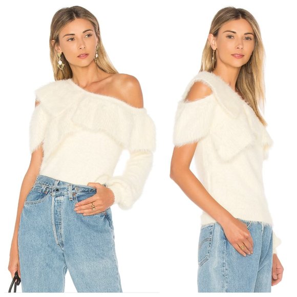 House of Harlow 1960 x Revolve Monroe Cream Fuzzy One Shoulder Cut Out Sweater - Picture 1 of 5